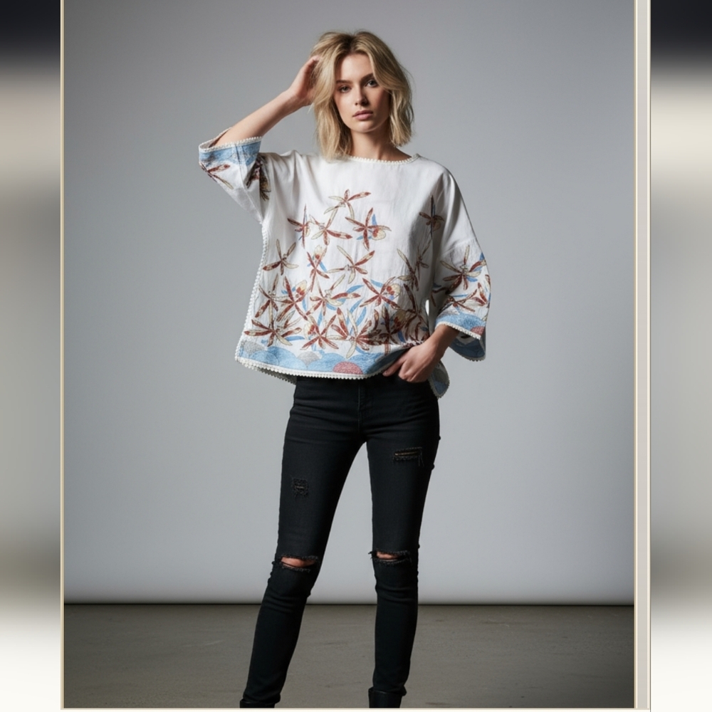Lightweight Embroidered Semi-Sheer Boho Blouse with Detailed Trim